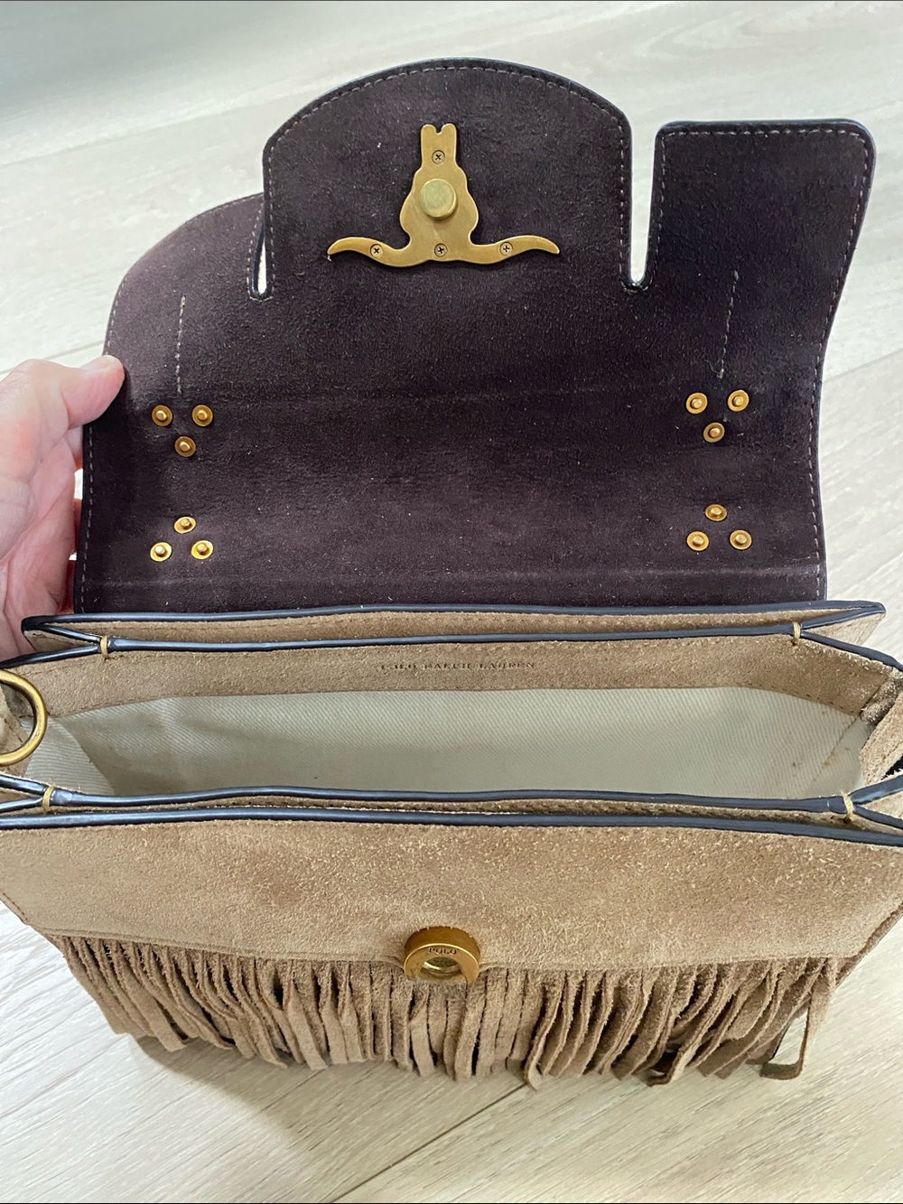 Polo Ralph Lauren Small Schooly Bag in Beige Suede + Strap + Dustbag - Picture 5 of 13